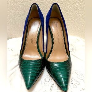 Jean Michel Cazabat Green and Blue Snakeskin and Suede Pumps